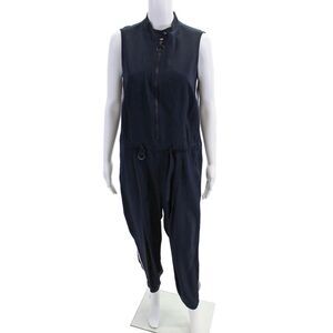 Akris Punto Womens Front Zipper Belted Jumpsuit Navy Blue White Size 10